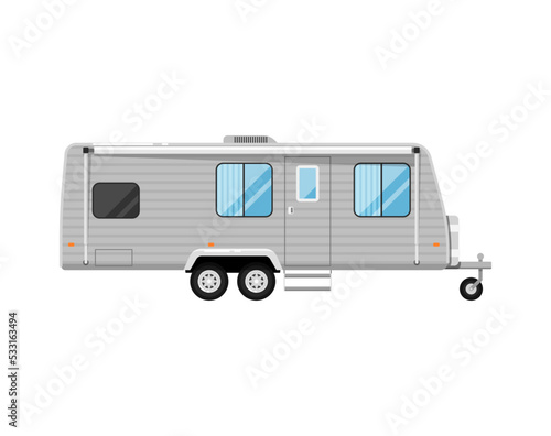 Car RV trailer isolated on white icon. Mobile home for country and nature vacation. Side view recreational vehicle van vector illustration in flat syle.