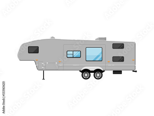 Big modern travel trailer isolated on white icon. Mobile home for country and nature vacation. Side view recreational vehicle van vector illustration in flat syle.