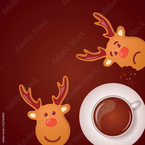 sweet tasty gingerbread deer and coffee on christmas morning