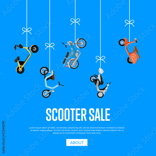 Scooter sale advertising with city motorbikes on blue background. Personal mobility and transportation, urban compact mopeds, motorcycle shop discound proposition vector illustration. photo