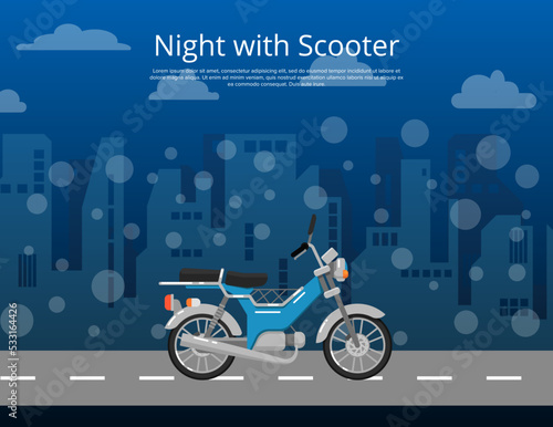Night with scooter poster in flat style. Vintage city motorbike on cityscape background. Personal mobility and transportation, urban compact moped, vehicle sale proposition vector illustration.