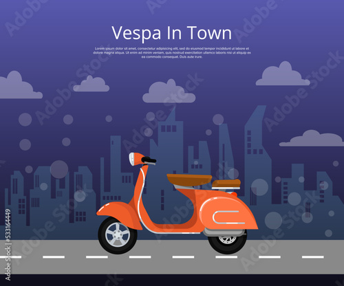 scooter in town poster in flat style. Vintage city motorbike on cityscape background. Personal mobility and comfortable transportation, urban compact moped, vehicle sale proposition vector illustration.