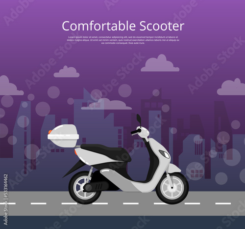 Comfortable scooter poster in flat style. Modern city motorbike on cityscape background. Personal mobility and transportation, urban compact moped, motorcycle sale proposition vector illustration.