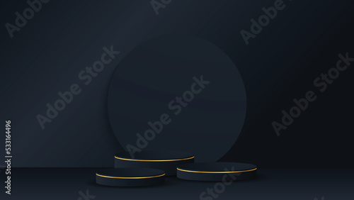 Black podium and modern gold border with a black circle element background. Abstract vector illustration showing a 3D shape for placing a product with copy space.