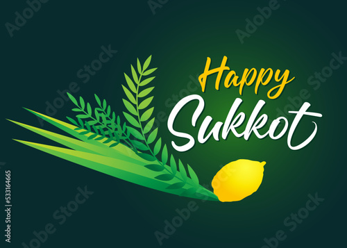 Happy Sukkot with four species lulav jewish holiday banner. Hand drawn design with etrog, lulav, hadas, arava and green background. Vector Illustration