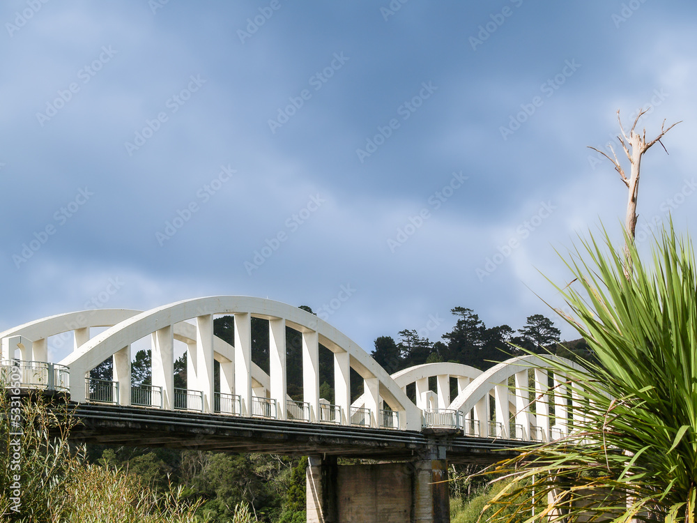 White arching structure of Tuakau Bridge