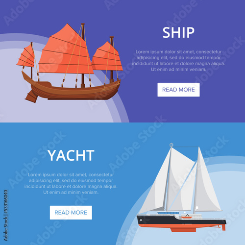 Luxury yachts flyers with side view nautical sailboats. Vintage marine cruise ship, passenger vessel transportation vector illustration. Outdoor sea traveling, sailing sport, ocean regatta posters.