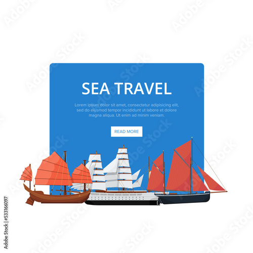 Sea travel poster with group of nautical sailboats. Vintage marine cruise ship, passenger vessel transportation vector illustration. Outdoor yachting, sailing sport, worldwide ocean regatta race.