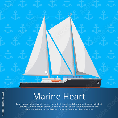 Marine heart poster with luxury yacht in flat style. Outdoor yachting, sailing sport, extreme ocean regatta race. Vintage cruise sailboat, passenger vessel transportation vector illustration.