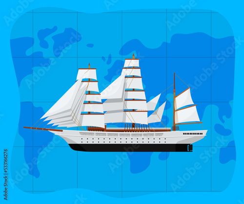 Worldwide sea traveling poster with big caravel on world map background. Outdoor yachting, sailing sport, extreme ocean regatta. Marine cruise ship, passenger vessel transport vector illustration.