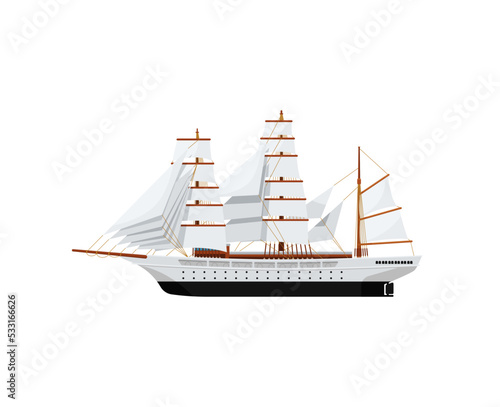 Big caravel isolated on white icon. Side view sailboat, vintage marine cruise ship, sea or ocean vessel vector illustration.