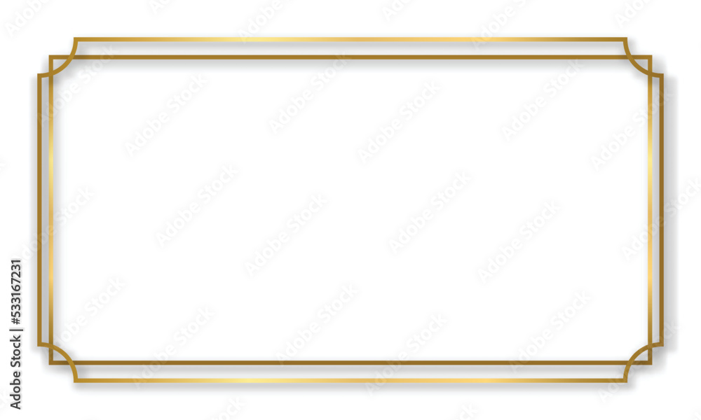 Gold shiny glowing vintage frame with shadows isolated transparent background. Golden luxury realistic rectangle border. Vector illustration
