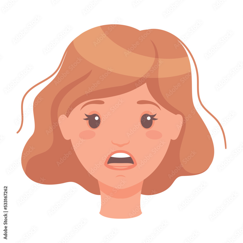 Scared Woman Head with Short Hair Showing Face Expression and Emotion of Fear Vector Illustration
