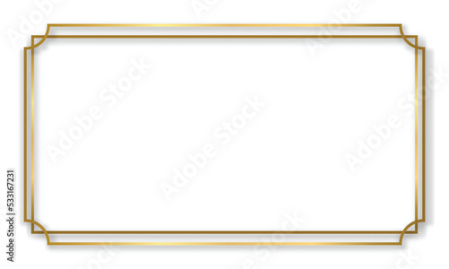 Gold shiny glowing vintage frame with shadows isolated transparent background. Golden luxury realistic rectangle border. Vector illustration