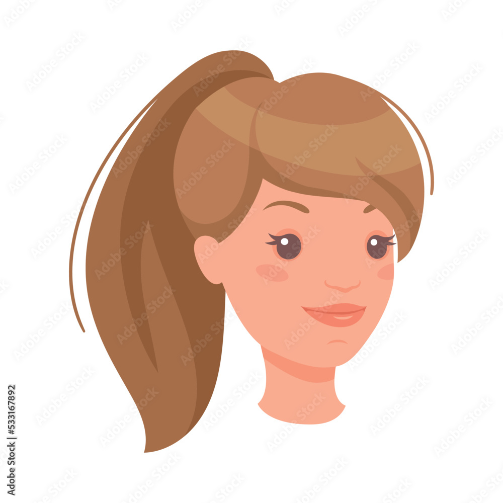 Woman Head with Ponytail Showing Happy Face Expression and Emotion Laughing Half-turned Vector Illustration Woman Head with Ponytail Showing Happy Face Expression and Emotion Laughing Half-turned Vector Illustration