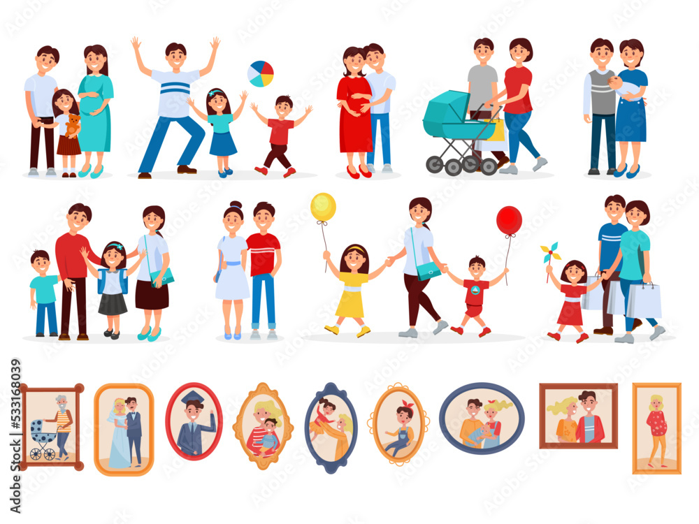 Family with Parent and Kids Walking Together and Portrait in Frame Big Vector Set