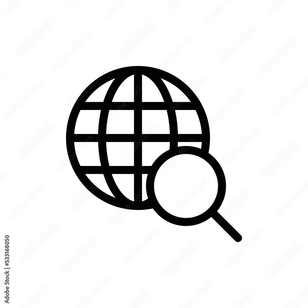 Find website icon with globe and magnifying glass in black outline style Find website icon with globe and magnifying glass in black outline style