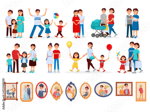 Family with Parent and Kids Walking Together and Portrait in Frame Big Vector Set