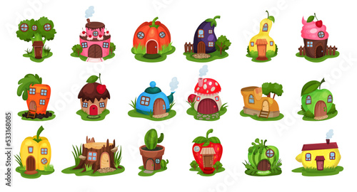 Fantasy House of Different Shape from Fairytale Rested on Green Lawn Big Vector Set