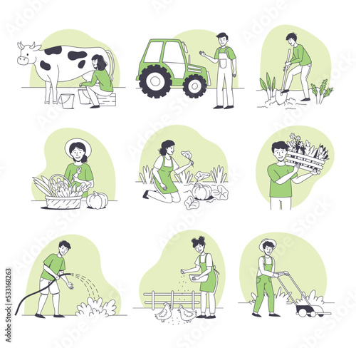 Farmer People Character Doing Agricultural Work Harvesting Crop and Milking Cow Vector Set