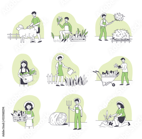 Farmer People Character Doing Agricultural Work Harvesting Crop and Shearing Sheep Vector Set