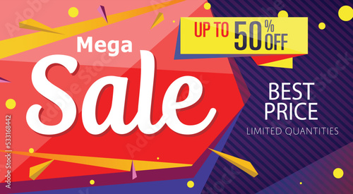 Mega sale banner template in trendy style. Retail marketing information, new advertising campaign, holiday shopping, commerce promo poster. Best price supermarket proposition vector illustration.