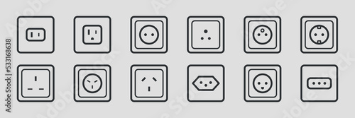 Different type power socket line icon set. Electric plug symbols. Power device for home. Informational signs. Vector illustration
