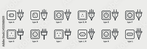 Different type power socket and plug set. World standards. AC power connector, American and European types of electric equipment. Vector illustration 