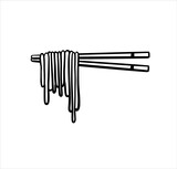 Ramen noodles and wooden sticks. Chopsticks with long pasta. Asian Japanese and Chinese food. Cartoon illustration
