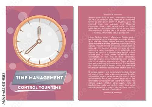 Control your time poster with round clock. Time planning and management concept for effiecient succesful and profitable business. Effective working time organization vector illustration