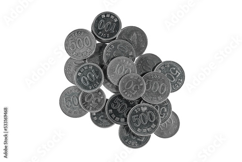 South Korean Coins.  50 100 500 Won Coins Isolated White Background. Korea