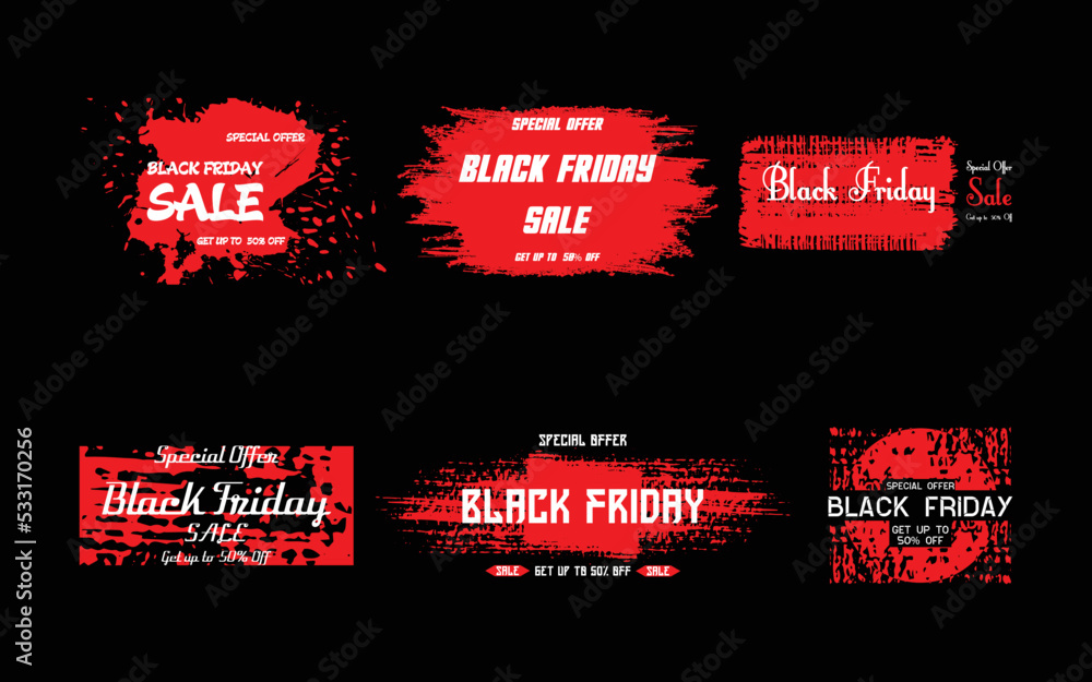 Black friday sale promotional marketing banner, poster with red tags. vector illustration.