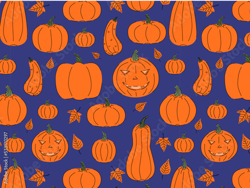 Pumpkin Halloween seamless pattern on blue background