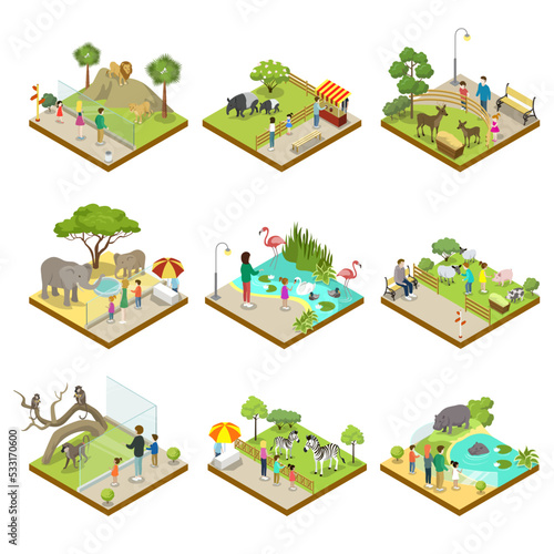 Public zoo with wild animals landscapes isometric 3D set. Lion, monkey, hippopotamus, zebra, tapir, deer, flamingo, elephant, sheep in cages. Zoo infrastructure elements for design vector illustration
