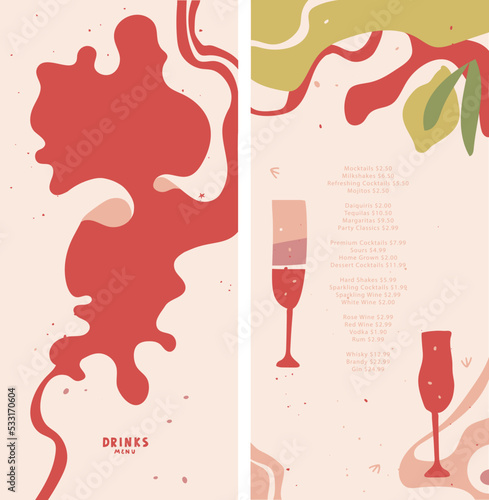 Menu design. Bloody Mary. Drinks,  fresh, champagne, lemonade, red wine. Vector editable layout. Abstract shapes and lines. Splash, splash, drops. 