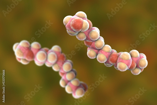 Polyethylene glycol PEG . Hexaethylene glycol molecule, 3D illustration