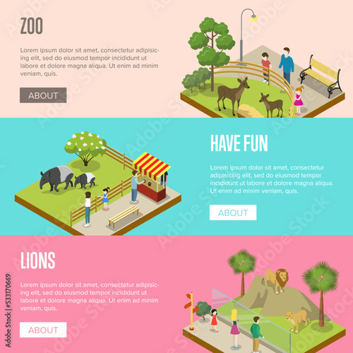 Public zoo with wild animals and visitors isometric posters. People near cages with tapirs, lions and deers. Zoo infrastructure elements for landscape design, outdoor recreation vector illustration