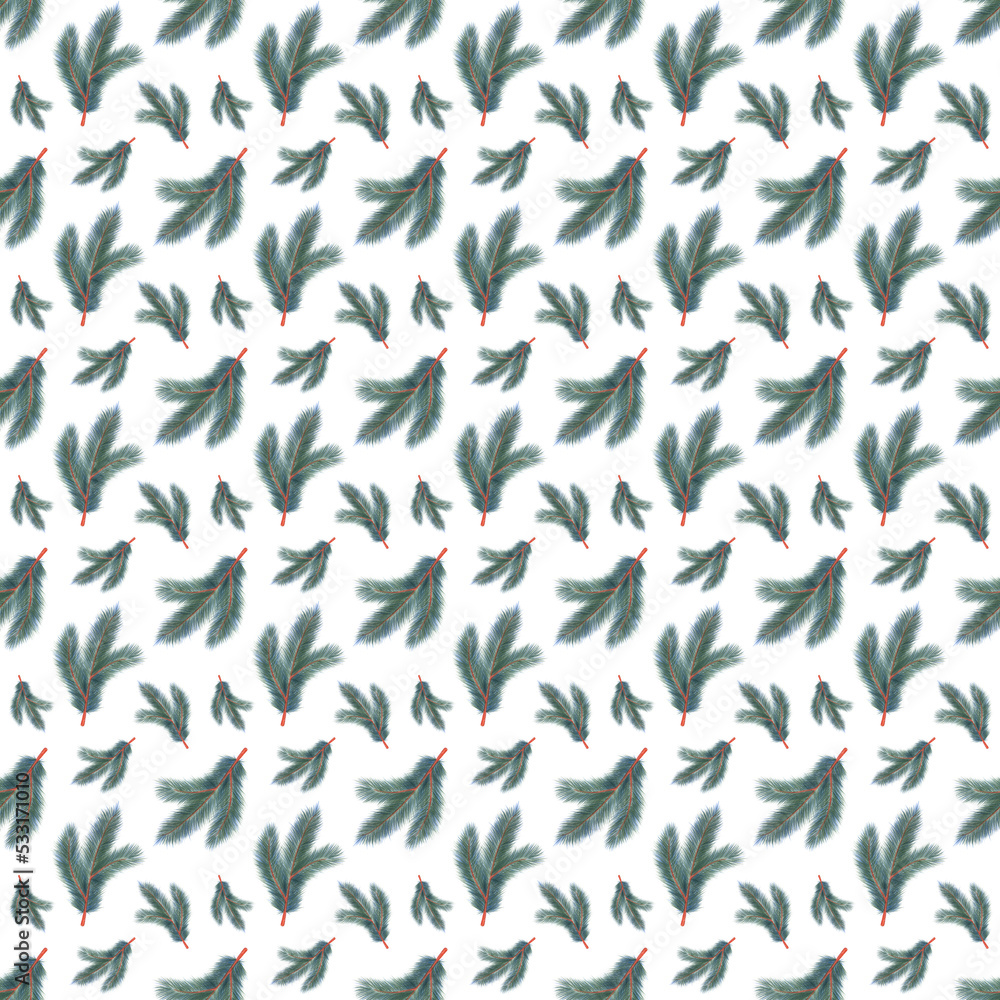 Hand Drawn Seamless Pattern with Christmas Branch. Winter Background Drawn by Color Pencil. Decorative backdrop for fabric, textile, wrapping paper, card, invitation, wallpaper, web design. Hand Drawn Seamless Pattern with Christmas Branch. Winter Background Drawn by Color Pencil. Decorative backdrop for fabric, textile, wrapping paper, card, invitation, wallpaper, web design.