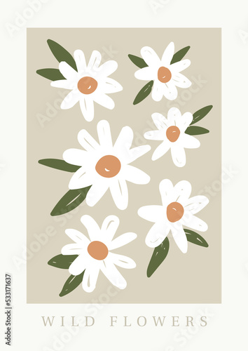 Simple Hand Drawn Illustration with White Wild Flowers on Light Green Background. Vintage Style Graphic. Design Ideal for Poster, Card or Invitation.