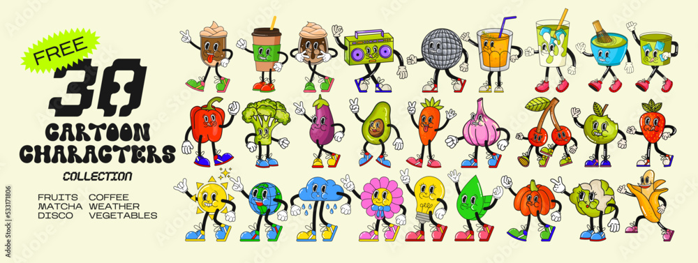 Big set retro cartoon stickers with funny comic characters, gloved hands. Modern illustration with cute comics characters. Hand drawn doodles of comic characters. Set in modern cartoon style Big set retro cartoon stickers with funny comic characters, gloved hands. Modern illustration with cute comics characters. Hand drawn doodles of comic characters. Set in modern cartoon style