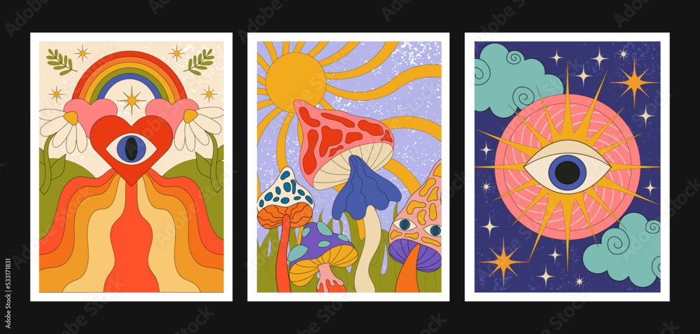 Groovy posters of the 90s. Cartoon psychedelic style. Bright hippie and retro elements. Travel landscapes, sun rays, space, mushrooms, bad trip. Vector collection of banners