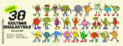 Big set retro cartoon stickers with funny comic characters, gloved hands. Modern illustration with cute comics characters. Hand drawn doodles of comic characters. Set in modern cartoon style