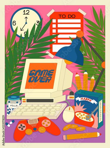 Retro computer poster, desktop folders and nostalgia icons. Old user interface. Desktop. aesthetic set of vintage elements. Retro groovy abstract interface illustration in vaporwave y2k style