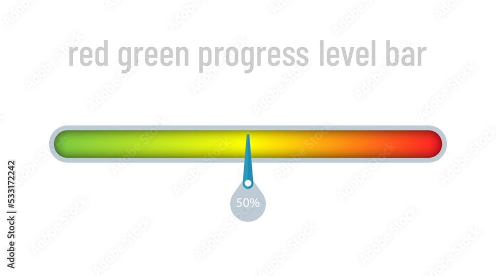Measure the level with a green red gradient and a percentage arrow on the side. Progress indicator bar template. Creative vector illustration for infographics on the site. Measure the level with a green red gradient and a percentage arrow on the side. Progress indicator bar template. Creative vector illustration for infographics on the site.