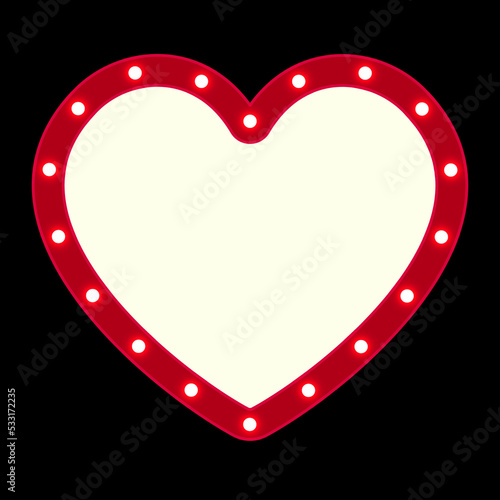 Vector empty retro circus billboard frame with electric bright glowing lamps. Light bulbs heart shape figure.