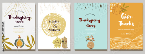 Abstract universal templates in autumn palette withvase, turkey, candle. Thanksgiving, business card, page cover, brochure, network post, advertising.