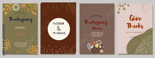 Abstract universal templates in autumn palette with leaves, flowers, hedgehog with harvest. For brochure, network post, advertising/ Thanksgiving theme.