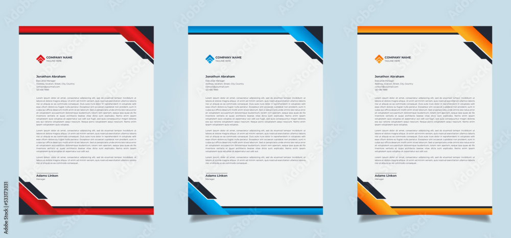 Clean and professional corporate company business letterhead template design with three color bundle
