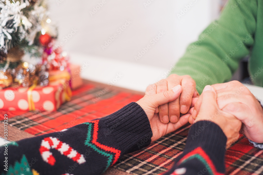 Senior couple in warm clothing holding each others hands in front of decorated christmas tree at home. Loving old romantic heterosexual couple celebrating christmas festival together.