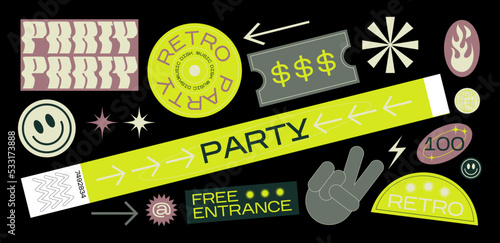 collection of various patches, labels, tags, stickers, bracelet brands for a disco party. vinyl, smile, free entrance, music. Funky hipster stickers in 90s style. Vector set, trendy promo labels